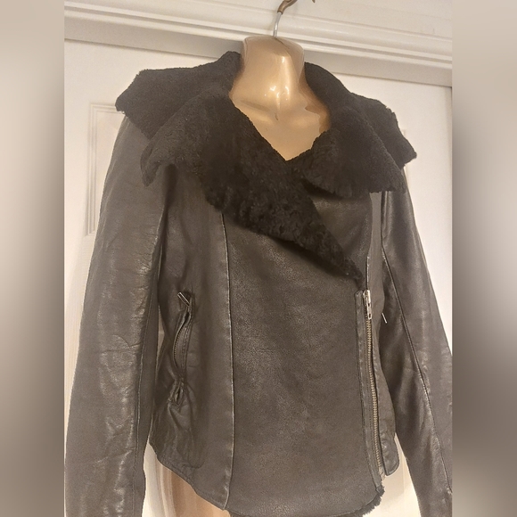 ALL SAINTS Nene Shearling Black Leather Jacket UK 8, 4, Celeb, Rare Coat biker - Picture 3 of 4